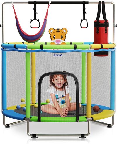 KickStart Toddler Trampoline for Kids Ages 3-8 - 5 ft Toddler Trampoline with Net, Basketball Hoop, Ocean Balls, Boxing Bag, Hammock - Indoor Trampoline for Kids, Toddler Trampoline Outdoor, Backyard in Saudi Arabia