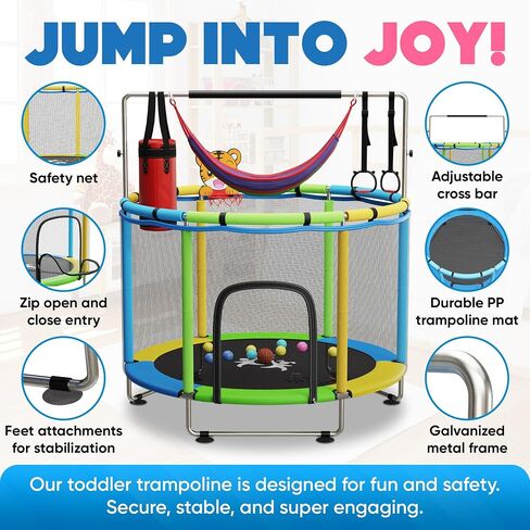 KickStart Toddler Trampoline for Kids Ages 3-8 - 5 ft Toddler Trampoline with Net, Basketball Hoop, Ocean Balls, Boxing Bag, Hammock - Indoor Trampoline for Kids, Toddler Trampoline Outdoor, Backyard in Saudi Arabia