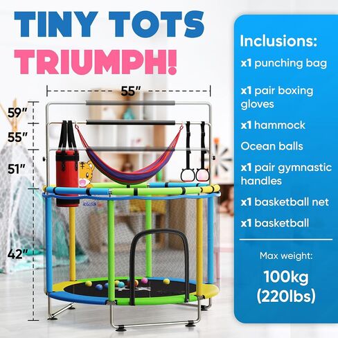 KickStart Toddler Trampoline for Kids Ages 3-8 - 5 ft Toddler Trampoline with Net, Basketball Hoop, Ocean Balls, Boxing Bag, Hammock - Indoor Trampoline for Kids, Toddler Trampoline Outdoor, Backyard in Saudi Arabia