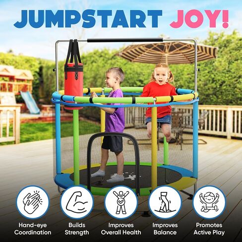 KickStart Toddler Trampoline for Kids Ages 3-8 - 5 ft Toddler Trampoline with Net, Basketball Hoop, Ocean Balls, Boxing Bag, Hammock - Indoor Trampoline for Kids, Toddler Trampoline Outdoor, Backyard in Saudi Arabia
