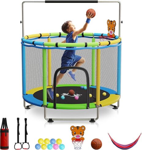 KickStart Toddler Trampoline for Kids Ages 3-8 - 5 ft Toddler Trampoline with Net, Basketball Hoop, Ocean Balls, Boxing Bag, Hammock - Indoor Trampoline for Kids, Toddler Trampoline Outdoor, Backyard in Saudi Arabia