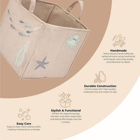 Crane Baby Fabric Storage Bin for Nursery and Toddlers, Toy Storage for Boys and Girls, Cream and Beige, 13" w x 12" h in Saudi Arabia