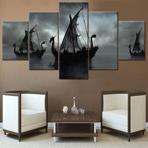 Norse Decor Black and White Painting Vikings Ship Artwork Fantasy Sailing Boat Pictures for Living Room Home 5 Panel Dragon Canvas Wall Art Modern Framed Ready to Hang Posters and Prints(60''Wx32''H) in Saudi Arabia