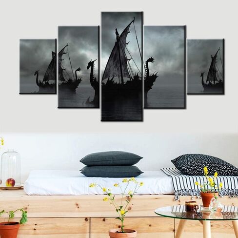 Norse Decor Black and White Painting Vikings Ship Artwork Fantasy Sailing Boat Pictures for Living Room Home 5 Panel Dragon Canvas Wall Art Modern Framed Ready to Hang Posters and Prints(60''Wx32''H) in Saudi Arabia