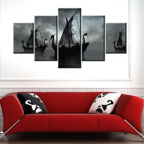 Norse Decor Black and White Painting Vikings Ship Artwork Fantasy Sailing Boat Pictures for Living Room Home 5 Panel Dragon Canvas Wall Art Modern Framed Ready to Hang Posters and Prints(60''Wx32''H) in Saudi Arabia