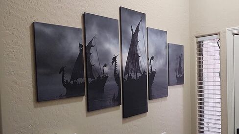 Norse Decor Black and White Painting Vikings Ship Artwork Fantasy Sailing Boat Pictures for Living Room Home 5 Panel Dragon Canvas Wall Art Modern Framed Ready to Hang Posters and Prints(60''Wx32''H) in Saudi Arabia