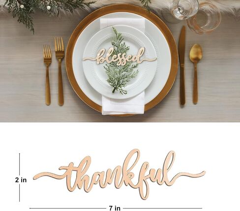 Thanksgiving Place Cards Blessed, Thankful, Grateful Wood Signs Fall Dining Table Plate Ornament Farmhouse Home Table Setting Decor 6 Pack (Thankful) in Saudi Arabia