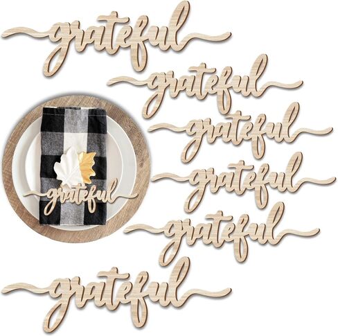 Thanksgiving Place Cards Blessed, Thankful, Grateful Wood Signs Fall Dining Table Plate Ornament Farmhouse Home Table Setting Decor 6 Pack (Thankful) in Saudi Arabia