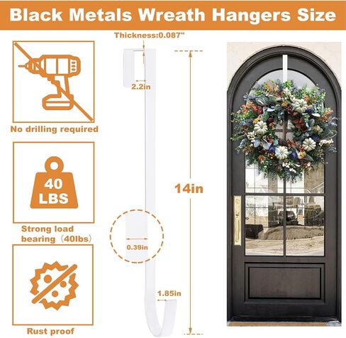PECULA 2 Pack 14" Wreath Hangers for Front Door, Wreath Door Hanger 40lb Load-bearing, Metal Wreath Hanger for Welcome Sign, Door Wreath Hanger for Christmas Halloween Easter Decoration (Black) in Kuwait