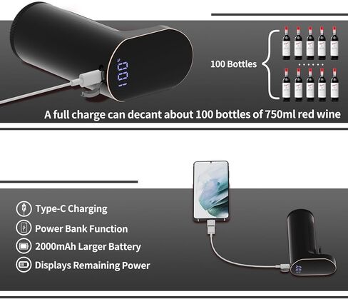 موزع النبيذ الكهربائي، دورق النبيذ بلمسة واحدة، مجموعة توزيع النبيذ 1-999 مل، بنك الطاقة ووظيفة التنظيف الذاتي، جهاز سكب مهوية النبيذ التلقائي يناسب معظم الزجاجات القابلة لإعادة الشحن عبر USB in Kuwait