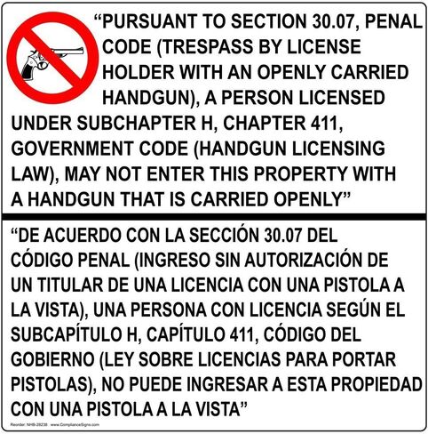 ComplianceSigns.com Texas 30.07 Concealed Carry Bilingual Window Cling, 24" x 24" in Saudi Arabia