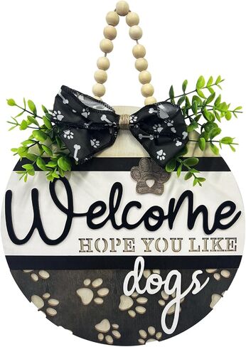 3D Welcome We Hope You Like Dogs Wreath Sign Front Door Decoration, Rustic Round Wood Wreaths Wall Hanging Outdoor, Farmhouse, Porch, Welcome Wreath Sign Hanging for Dogs Lovers (Welcome) in Kuwait