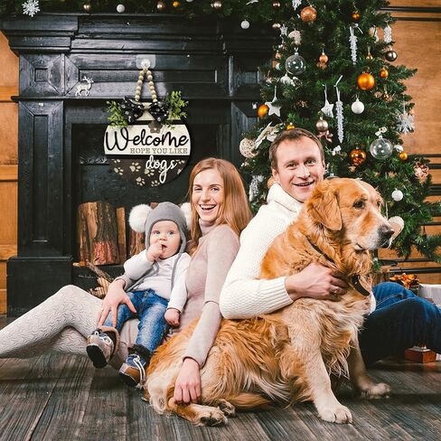 3D Welcome We Hope You Like Dogs Wreath Sign Front Door Decoration, Rustic Round Wood Wreaths Wall Hanging Outdoor, Farmhouse, Porch, Welcome Wreath Sign Hanging for Dogs Lovers (Welcome) in Kuwait