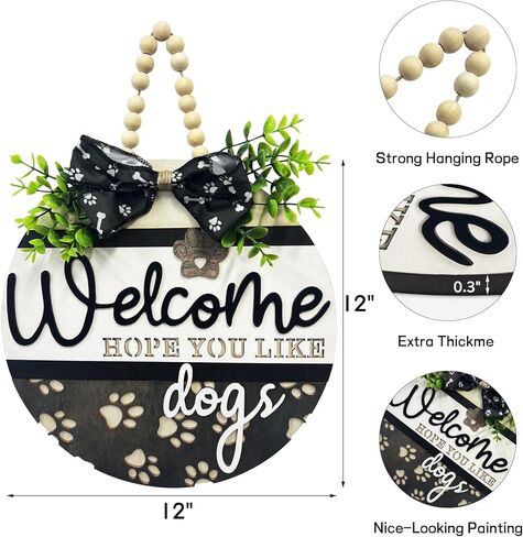 3D Welcome We Hope You Like Dogs Wreath Sign Front Door Decoration, Rustic Round Wood Wreaths Wall Hanging Outdoor, Farmhouse, Porch, Welcome Wreath Sign Hanging for Dogs Lovers (Welcome) in Kuwait