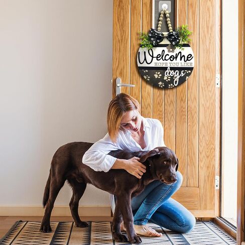 3D Welcome We Hope You Like Dogs Wreath Sign Front Door Decoration, Rustic Round Wood Wreaths Wall Hanging Outdoor, Farmhouse, Porch, Welcome Wreath Sign Hanging for Dogs Lovers (Welcome) in Kuwait