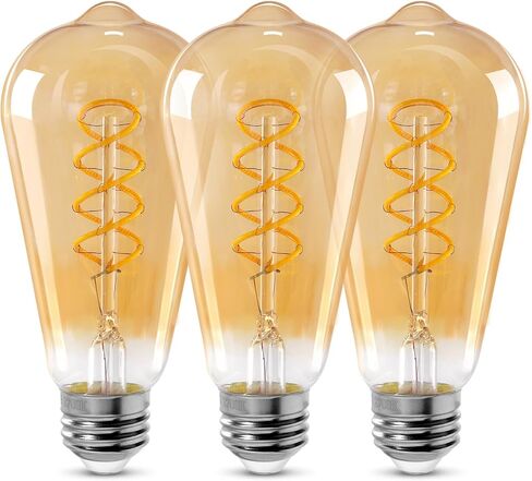 ST64 LED E26 Vintage Edison Light Bulbs, Amber Glass, Dimmable, 4W(40W Equivalent) 300 Lumin, 2500K Warm White, Spiral Filaments Design, Antique Style, 25000 Hrs, 3-Pack in Saudi Arabia