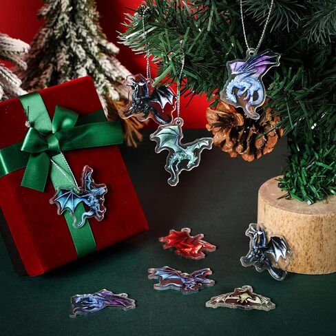 24 Pieces Dragon Christmas Tree Hanging Ornament Dragon Gothic Holiday Christmas Ornament Acrylic Holiday Festive Decoration with Hanging Ropes for Xmas Tree Decor Gift Souvenir, 6 Styles, 1.97 Inches in Kuwait