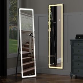 Full Length Mirror with Lights, 56"X 20" Full Body Mirror, Wall Mirror with Stand for Bedroom, Cloakroom, Dimmable & 3 Color Lighting Square White