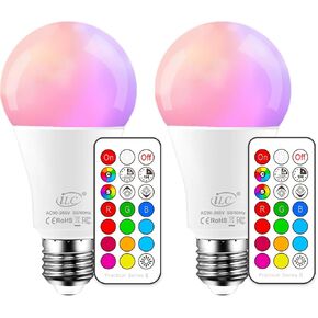 ILC Color Changing LED Light Bulbs, 70W Equivalent, 2700K Warm White A19 E26 Screw Edison Base RGBW Dimmable - 12 Color Choices - Timing Infrared Remote Control Included (2 Pack)