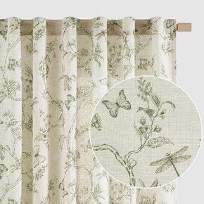 Lazzzy Floral Linen Blackout Green Floral Blackout Curtains 84 Inch Long Farmhouse Curtain Back Tab Drapes for Living Room Bedroom Light Blocking Vintage Rod Pocket Curtains, 2 Panels, Green on Beige