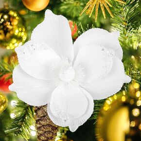 Poinsettia Ornament for Christmas Tree White Poinsettia Flowers Picks Glitter Artificial Poinsettia Flowers Christmas Poinsettia Decorations for Tree Garland Stocking Wedding Party (6pcs,8.6 Inch)