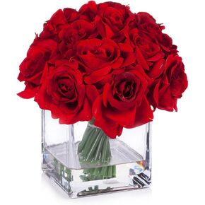 ENOVA FLORAL 18 Pieces Red Rose Artificial Flowers in Vase, Floral Arrangements Artificial with Vase and Faux Water for Wedding, Home Decor Indoor(Red)