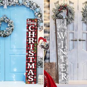 Merry Christmas Hello Winter Wooden Porch Sign 47" Large Welcome Standing Sign Front Door Sign Decor for Front Porch Vertical Standing Farmhouse Winter Xmas Decorations for Outdoor