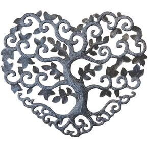Handcrafted Milagro Metal Heart shaped as a Tree, Family Friendship Love Tree, Haitian Metal Wall Hanging Plaque 17 Inches