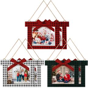 6 Pcs Christmas Picture Frame Ornaments Wood Photo Frame Ornaments Buffalo Plaid Picture Frames Christmas Photo Frame with Red Black Plaid Bow for Xmas Trees(3.2 x 2.6 Inside, 5 x 4 Inch Outside)