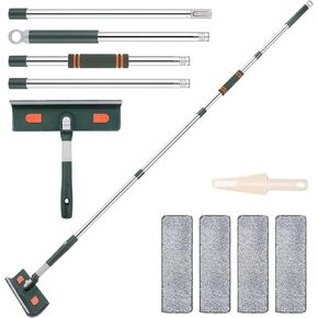 Window Squeegee with Scrubber, with Extendable 4 Section Stainless Steel Pole and 4 Microfiber Pads, for Glass, Shower, Floor, Outdoor High Window Cleaning Etc.