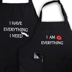 YIKA Apron Couples, Cooking Aprons Gifts for Couples: Waterproof Apron for Women Men, with Adjustable Neck Strap with Extra Long Ties, 2 Pockets (Black)