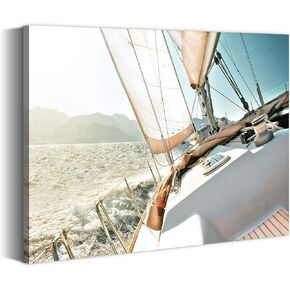 Bathroom Sailboat Canvas Wall Art: Sunset Ocean Nautical Yacht Picture Sailing Boat Surfing Canvas Coastal Beach Artwork Nature Sea Wave Print Seashore Scenery Painting Seascape Art for Bedroom