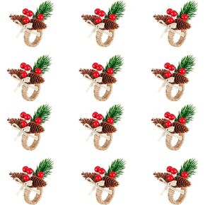 12 Pieces Christmas Napkin Rings - Thanksgiving Napkin Holders Set of 12 Rustic Wreath Napkin Rings for Xmas