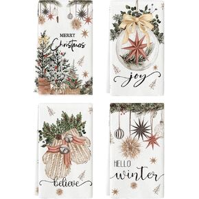 Artoid Mode Beige Xmas Tree Merry Christmas Kitchen Towels Dish Towels, 18x26 Inch Holiday Gloves Ball Hello Winter Decoration Hand Towels Set of 4