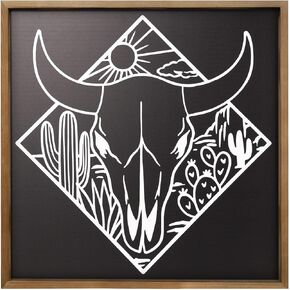 ديكور جدار جمجمة بقرة فلانجايري، فن الصحراء الجنوبية الغربية الغربية من الخشب، 21 × 21 بوصة جمجمة ثور خشبية باللون الأسود والأبيض لغرفة المعيشة المنزلية وغرفة النوم in Kuwait