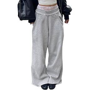 Women Casual Wide Leg Pants Mid Elastic Waist Flare Baggy Gray Sweatpants with Pockets