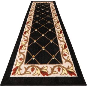 House, Home and More Skid-Resistant Carpet Runner – Traditional Lattice with Floral Border – Ebony Black – 12 Feet X 26 Inches