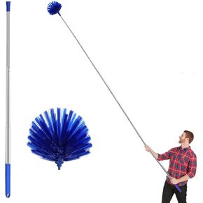 Cobweb Duster with Extension Pole, 30-100 Inch Long Handle Stainless Steel Telescoping Pole, Washable Duster with Medium-Stiff Bristles for Ceiling Fan, High Ceilings, Blinds, Furniture, Kitchen, Home