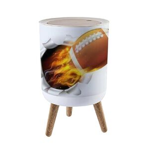 Small Trash Can with Lid Burning Flaming American Football Ball Fire Hole Garbage Bin Waste Bin Press Cover Round Wastebasket for Bathroom Kitchen