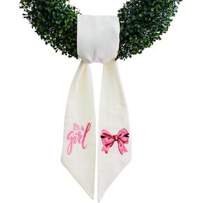 Wreath Sash for Front Door, It's a Girl, Newborn, Monogram and Embroidery, Quality White Linen, Baby Shower, Porch Accessories, and Boxwood Decoration - 56" L x 4.5" W, Indoor Outdoor Décor