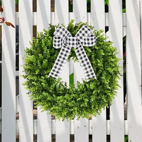 20inch Boxwood Wreaths Front Door Artificial Wreath, Wreaths for Front Door Farmhouse Wedding, Green Year Round Indoor Outdoor Wreath, A Plaid Bow and sash Wreath for Wall Window Decoration