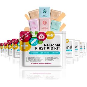 Personal First Aid Kit- 10 PACK | Clean, Treat, Protect Minor Cuts, Scrapes and Burns | Perfect for Home, Office, Car, School, Business, Camping | Individually wrapped First Aid Products (Multi-Color)