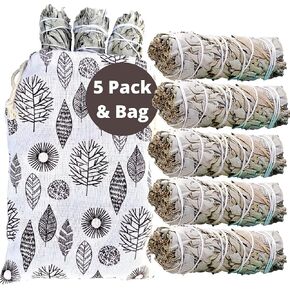 SAGE SMUDGE Sticks, 5 White Sage Bundles Bulk Refill & Shaman Smudge Kit Storage Bag! California White Sage Smudging Sticks, Organic Freshly Dried Incense Sage Stick Set, Sustainable! (5, Large Bag)