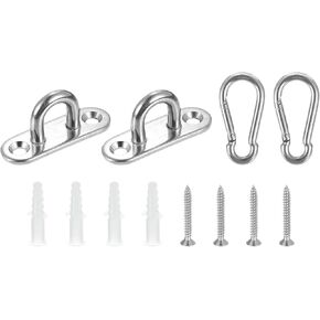 uxcell 2 Pcs Pad Eye Plate, 1.8 Inch 304 Stainless Steel Ceiling Hooks & Snap Hook Marine Hanging U Hook with Screws & Anchors for Securing Hanging, Silver