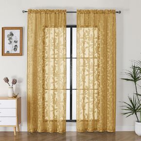 OVZME Gold Sheer Curtains 84 inches Long 2 Panels for Living Room, Jacquard Clip Leaf Pattern Textured Light Filtering Window Semi Sheer Voile Drapes for Bedroom, Each Panel 42 x 84 Inch