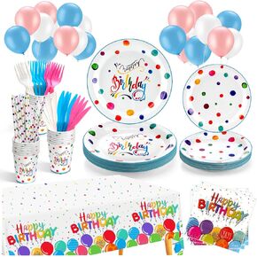 Christmas Plates Disposable Party Set, Serves 24 Red Christmas Tableware Includes 9" and 7" Plates, Napkins, Tablecloth, Cups, Straws, Knives & Forks, Balloons for Xmas Dinnerware Decorations