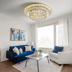 Elegant LED Crystal Raindrop Ceiling Light, 20" Flush Mount Chandelier Light Fixture with Remote Control for Living Room Kitchen Island Bedroom Hallway Entryway Foyer(Dimmable)