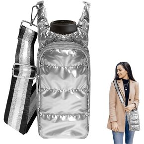 JSLOOO Crossbody Water Bottle Carrier Puffer Crossbody Hydrobag with Pockets Quilted Crossbody Water Bottle Holder Bag Purses