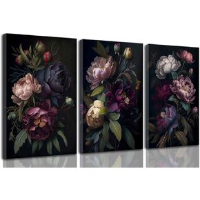 3 Pcs Moody Floral Canvas Wall Art Vintage Dark Peony Flowers Botanical Still Life Painting Picture Wall Decor Poster Print Artwork for Living Room Bedroom Women Room Home Decoration