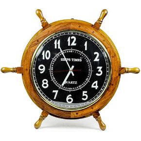 Nagina International Nautical Moon Light Blue Large Wooden Ship Wheel with Ship's Time Captain's Clock - Pirate Home Decorative Clock (16 Inches, White Dial Face) in Kuwait